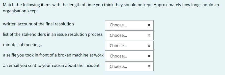 Matching Moodle quiz question