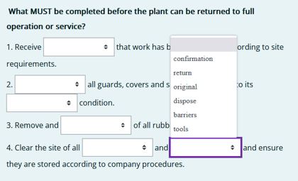 Moodle quiz question - Missing word examples